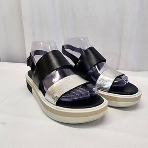 Carlo Pera Black and Metallic Leather Double Strap Platform Sandals Size 37EU 6.